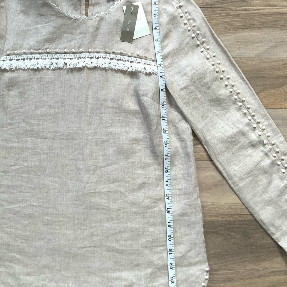 J Crew Top Beige Linen Embroidered Fringe Crochet Trim Notched Sides Relaxed Fit - Picture 5 of 6